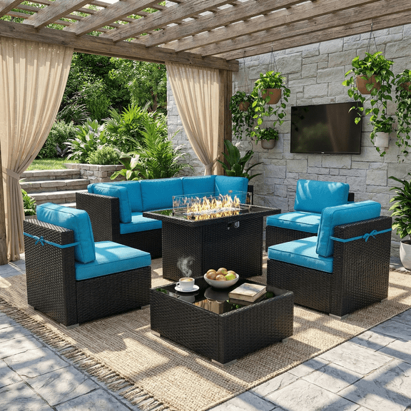 LayinSun 8 Piece Patio Furniture Set with 44" Propane Gas Fire Pit Table, Outdoor Sectional Conversation Set Wicker Rattan Sofa Set with Coffee Table