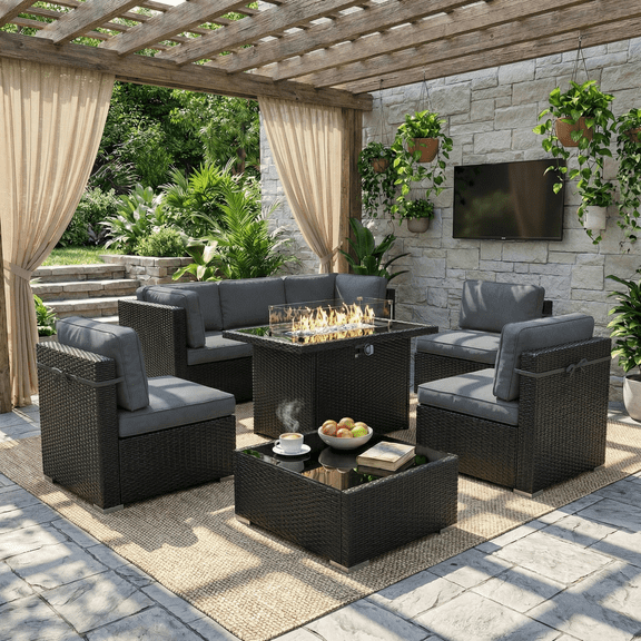 LayinSun 8 Piece Patio Furniture Set with 44" Propane Gas Fire Pit Table, Outdoor Sectional Conversation Set Wicker Rattan Sofa Set with Coffee Table
