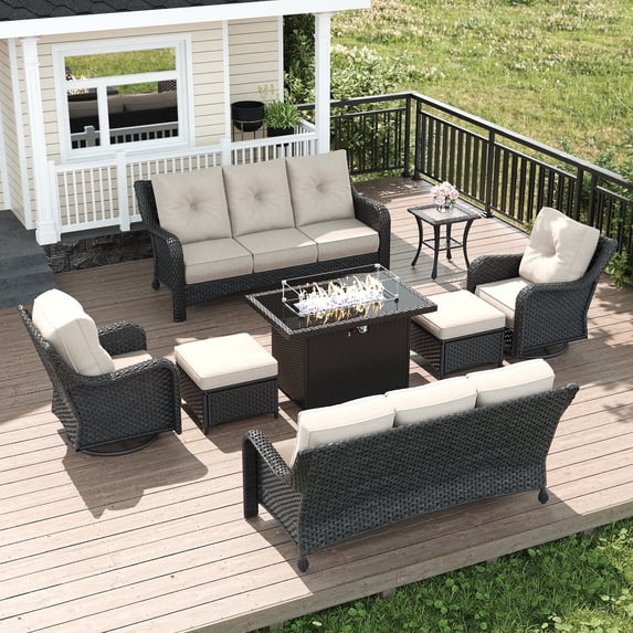 LayinSun 8 Piece Wicker Outdoor Furniture Set with 6-inch Comfy Cushions, High Back Patio Furniture Set with Swivel Rocking Chairs and Fire Pit Table