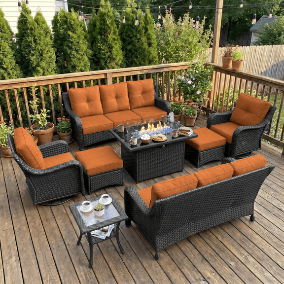 LayinSun 8 Pieces Patio Furniture Sets with Fire Pit Table, Outdoor Wicker Conversation Set with Swivel Chairs and 6" Thick Cushion for Deck Garden Backyard