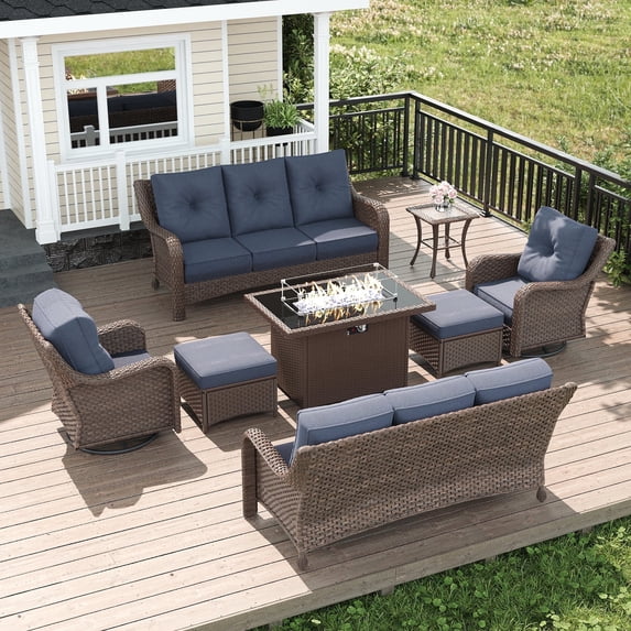 LayinSun 8 Piece Wicker Outdoor Furniture Set with 6-inch Comfy Cushions, High Back Patio Furniture Set with Swivel Rocking Chairs and Fire Pit Table