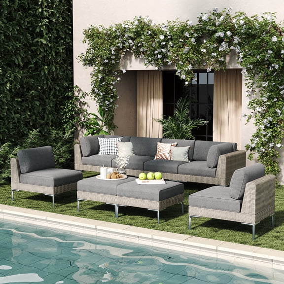 LayinSun 8-Piece Wicker Rattan Patio Furniture Set, Deep Seating Outdoor Modular Sectional Sofa Conversation Set with Thick Cushions for Lawn, Garden
