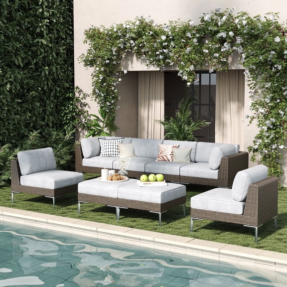 LayinSun 8-Piece Wicker Rattan Patio Furniture Set, Deep Seating Outdoor Modular Sectional Sofa Conversation Set with Thick Cushions for Lawn, Garden