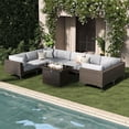 thumbnail image 1 of LayinSun 9-Piece Outdoor Modular Wicker Sectional Sofa with Fire Pit Table, Patio Furniture Conversation Set with Deep Seating and Thick Cushions, 1 of 10
