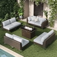 thumbnail image 1 of LayinSun 9-Piece Outdoor Modular Wicker Sectional Sofa with Fire Pit Table, Patio Furniture Conversation Set with Deep Seating and Thick Cushions, 1 of 10