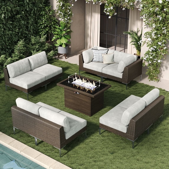 LayinSun 9-Piece Outdoor Modular Wicker Sectional Sofa with Fire Pit Table, Patio Furniture Conversation Set with Deep Seating and Thick Cushions