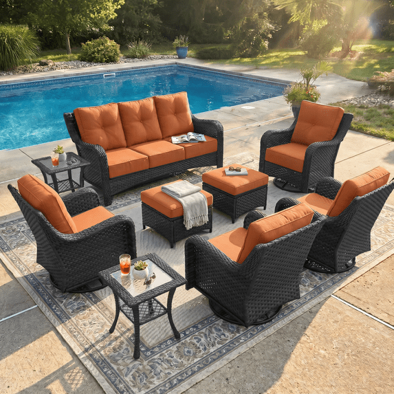 LayinSun 9 Pieces Patio Furniture Sets, Outdoor Wicker Conversation Set with Swivel Chairs and 6" Thick Cushion for Deck Garden Backyard
