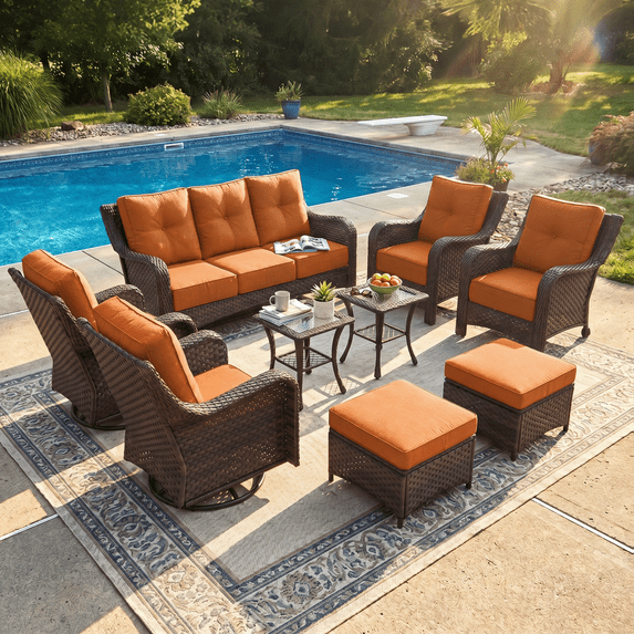 LayinSun 9 Pieces Patio Furniture Sets, Outdoor Wicker Conversation Set with Swivel Chairs and 6" Thick Cushion for Deck Garden Backyard
