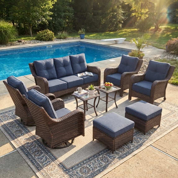 LayinSun 9 Pieces Patio Furniture Sets, Outdoor Wicker Conversation Set with Swivel Chairs and 6" Thick Cushion for Deck Garden Backyard