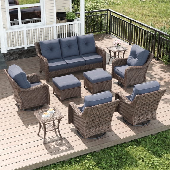 LayinSun 9 Piece Wicker Outdoor Furniture Set with 6-inch Comfy Cushions, High Back Patio Furniture Set with Swivel Rocking Chairs and Side Table