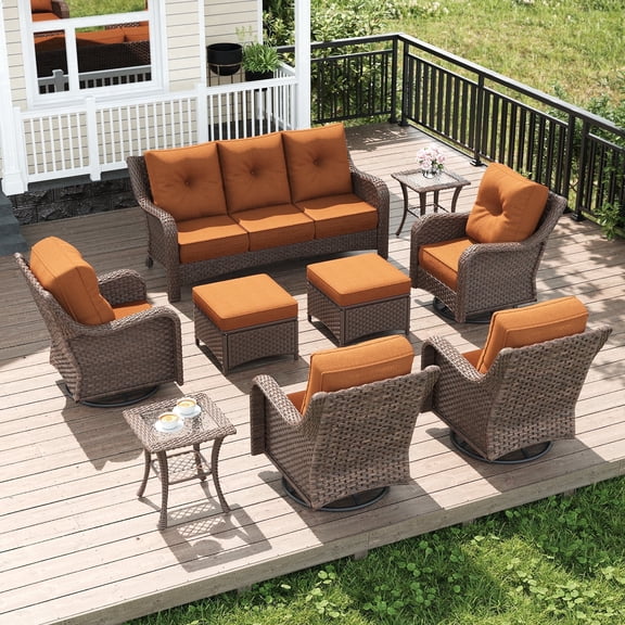 LayinSun 9 Pieces Patio Furniture Sets, Outdoor Wicker Conversation Set with Swivel Chairs and 6" Thick Cushion for Deck Garden Backyard