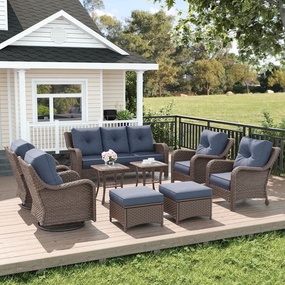 LayinSun 9 Piece Wicker Outdoor Furniture Set with 6-inch Comfy Cushions, High Back Patio Furniture Set with Swivel Rocking Chairs and Side Table
