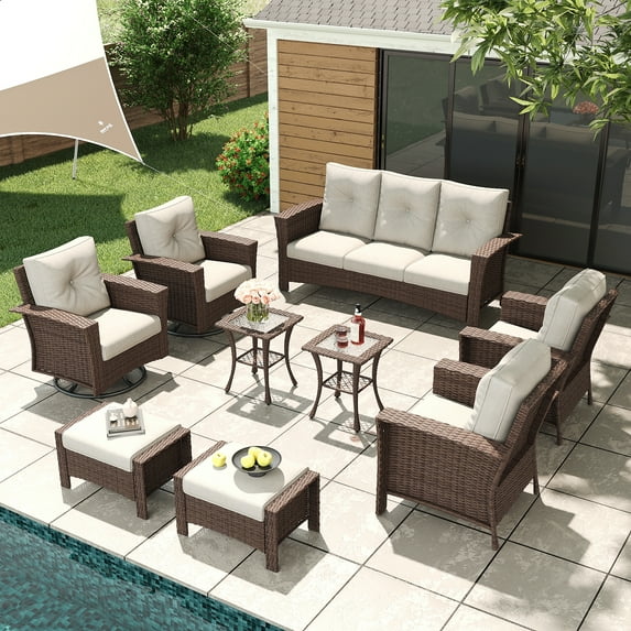 LayinSun 9 Piece Wicker Patio Furniture Set, Classis Outdoor Conversation 360 Degree Swivel Chairs Set with Coffee Table