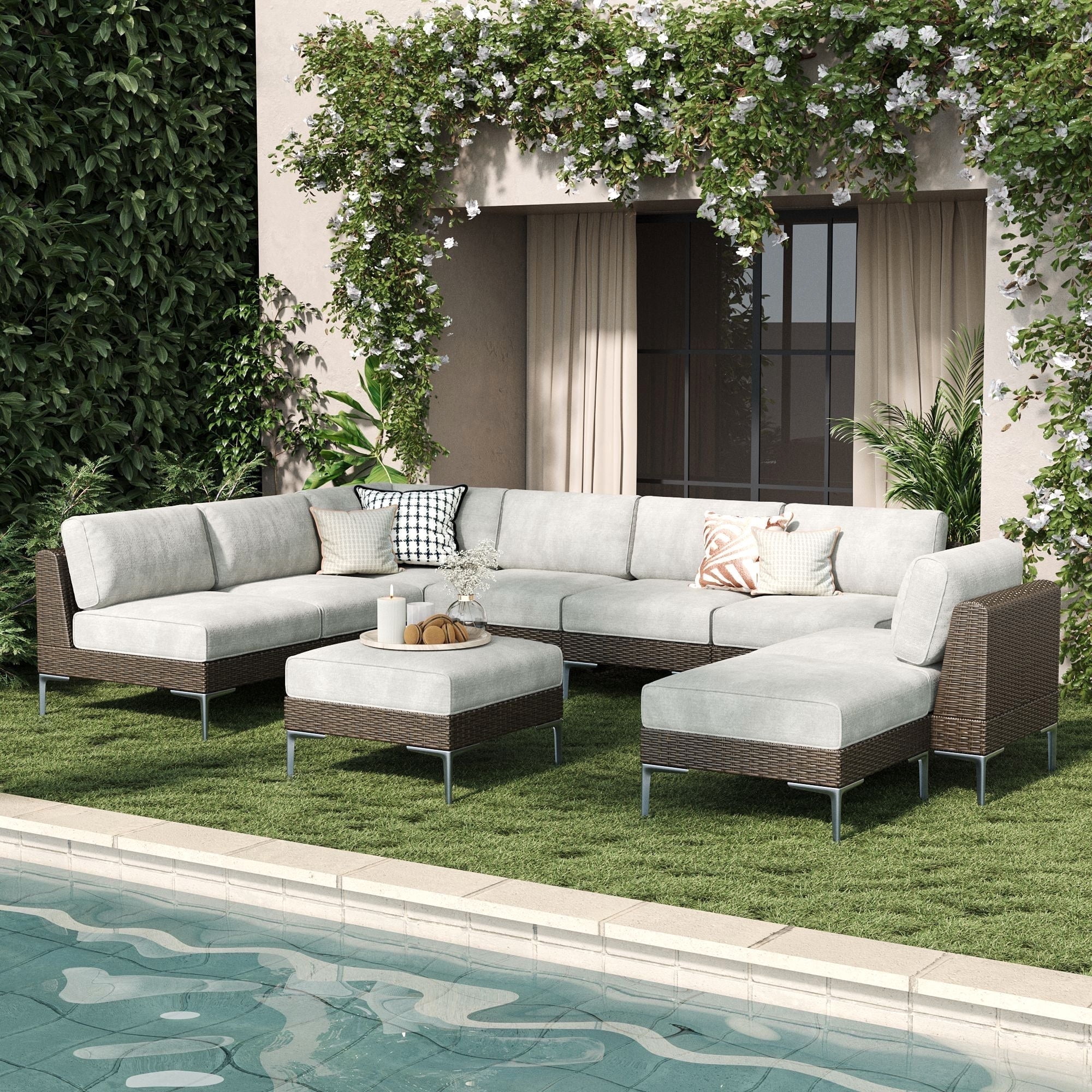 LayinSun 9-Piece Wicker Rattan Patio Furniture Set, Deep Seating Outdoor Modular Sectional Sofa Conversation Set with Thick Cushions for Lawn, Garden