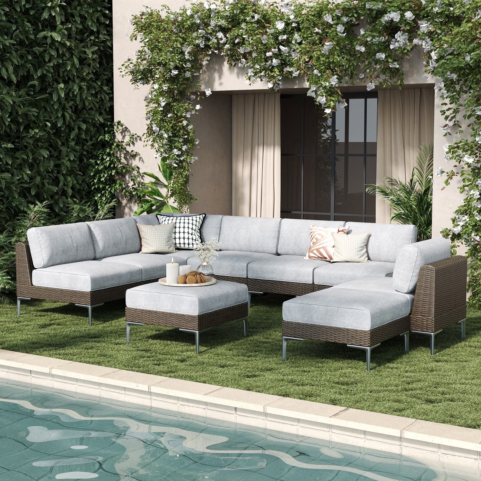 LayinSun 9-Piece Wicker Rattan Patio Furniture Set, Deep Seating Outdoor Modular Sectional Sofa Conversation Set with Thick Cushions for Lawn, Garden