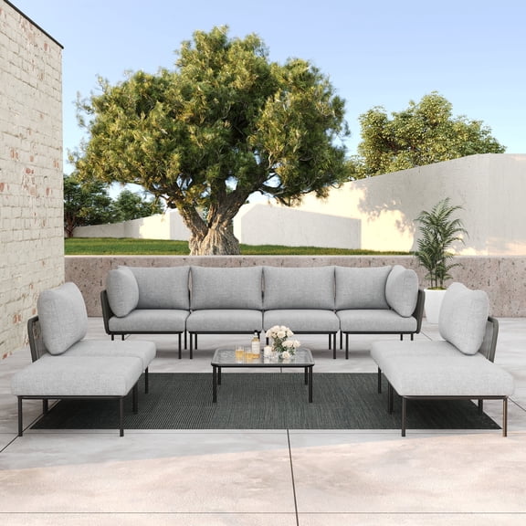 LayinSun 9 Pieces Aluminum Patio Furniture Set, Modern Modular Sectional Sofa with Coffee Table and Upgrade Thickness Cushion