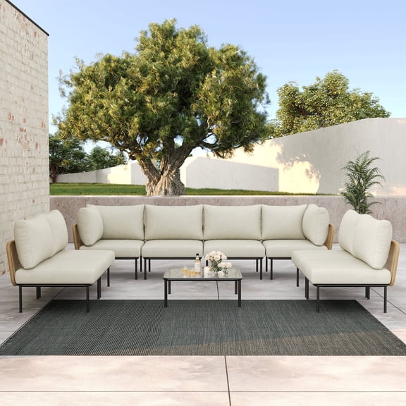 LayinSun 9 Pieces Aluminum Patio Furniture Set, Modern Modular Sectional Sofa with Coffee Table and Upgrade Thickness Cushion