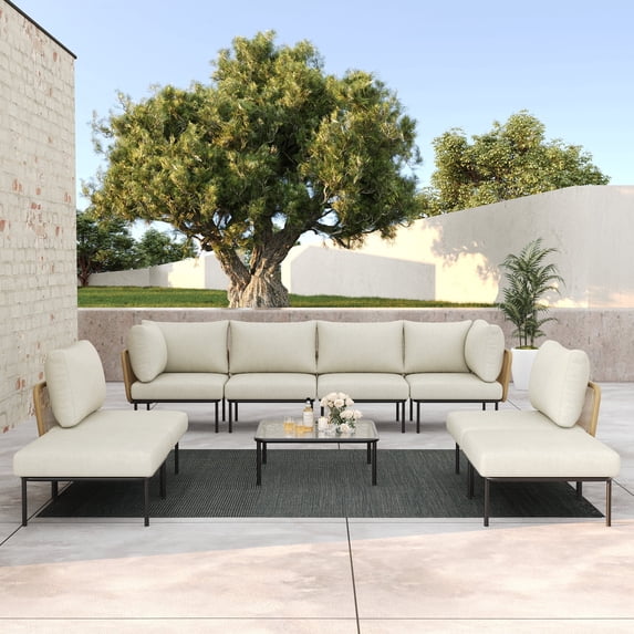 LayinSun 9 Pieces Aluminum Patio Furniture Set, Modern Modular Sectional Sofa with Coffee Table and Upgrade Thickness Cushion