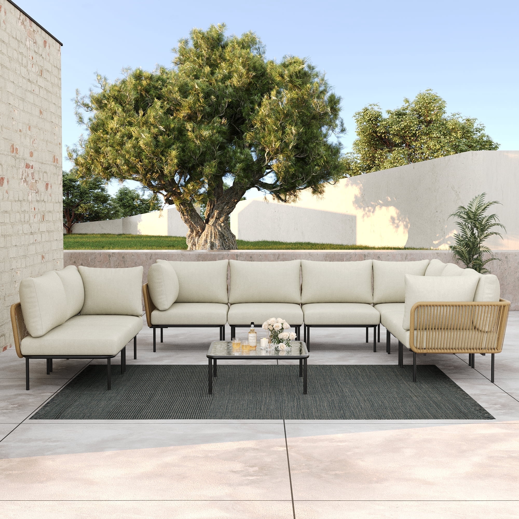 LayinSun 9 Pieces Aluminum Patio Furniture Set, Modern Modular Sectional Sofa with Coffee Table and Upgrade Thickness Cushion