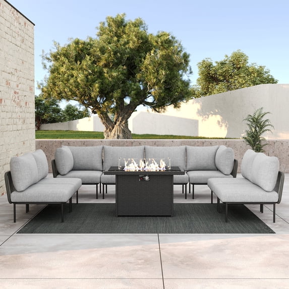 LayinSun 9 Pieces Aluminum Patio Furniture Set, Modern Modular Sectional Sofa with Fire Pit Table and Upgrade Thickness Cushion