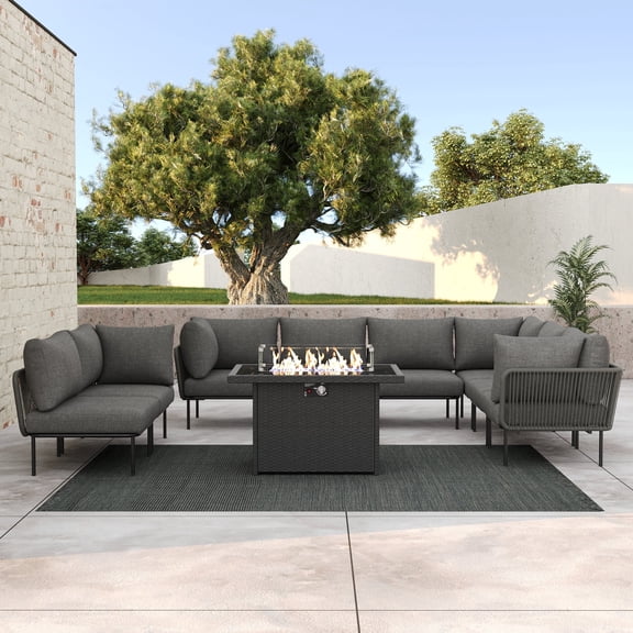 LayinSun 9 Pieces Aluminum Patio Furniture Set, Modern Modular Sectional Sofa with Fire Pit Table and Upgrade Thickness Cushion