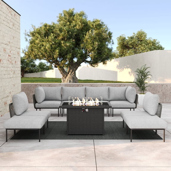 LayinSun 9 Pieces Aluminum Patio Furniture Set, Modern Modular Sectional Sofa with Fire Pit Table and Upgrade Thickness Cushion
