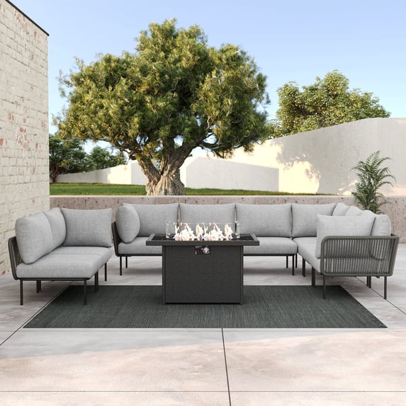 LayinSun 9 Pieces Aluminum Patio Furniture Set, Modern Modular Sectional Sofa with Fire Pit Table and Upgrade Thickness Cushion