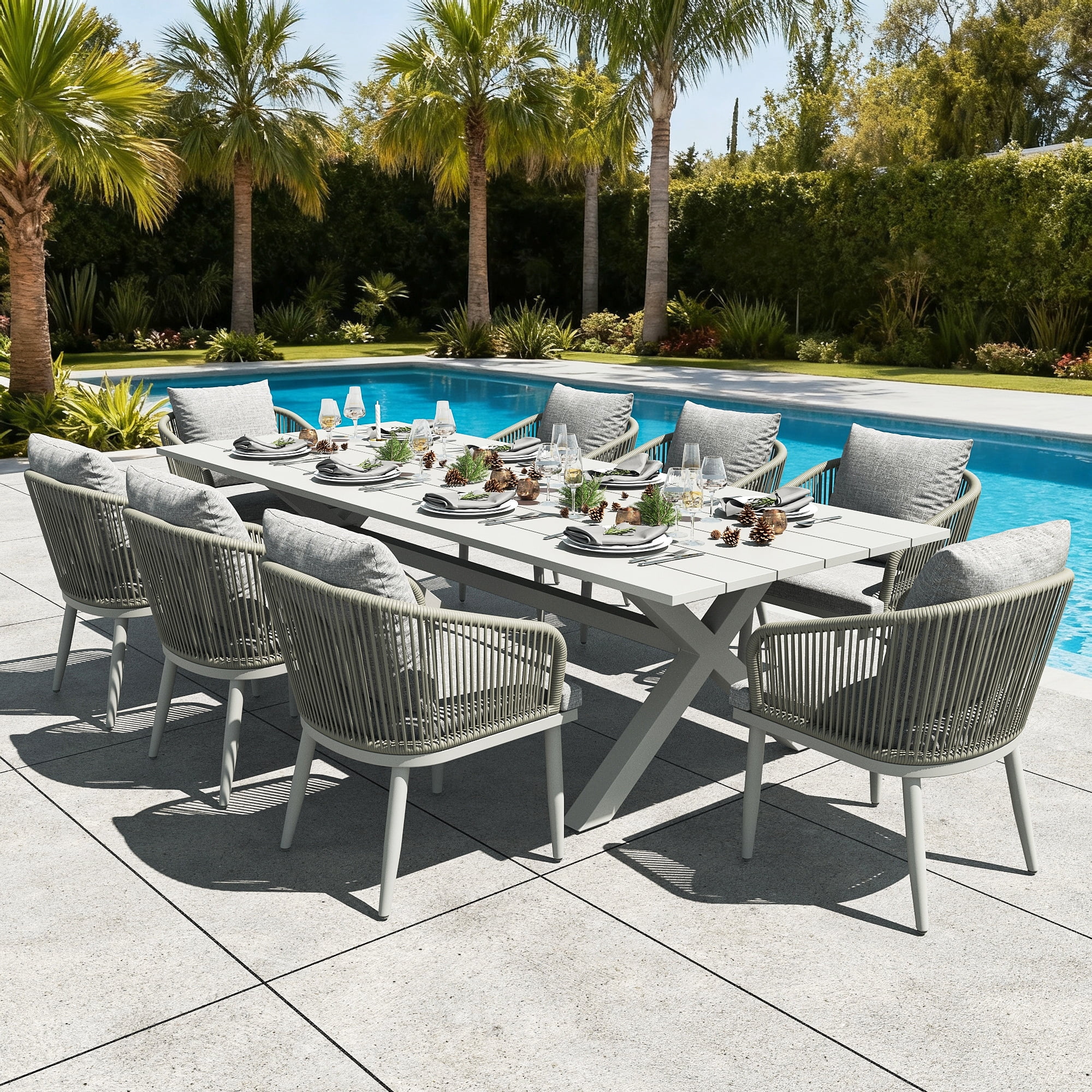 LayinSun 9 Pieces Outdoor Patio Dining Set, Aluminium Rectangular Dining Table and Wicker Rattan Chairs Set for Outside Backyard, Poolside