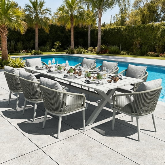 LayinSun 9 Pieces Outdoor Patio Dining Set, Aluminium Rectangular Dining Table and Wicker Rattan Chairs Set for Outside Backyard, Poolside