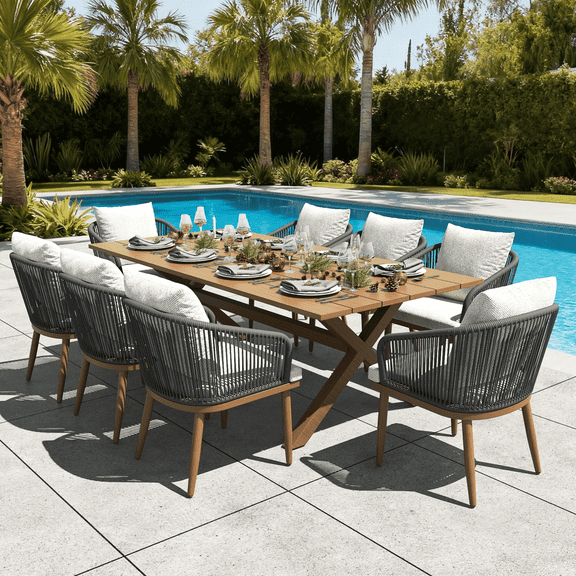 LayinSun 9 Pieces Outdoor Patio Dining Set, Aluminium Rectangular Dining Table and Wicker Rattan Chairs Set for Outside Backyard, Poolside