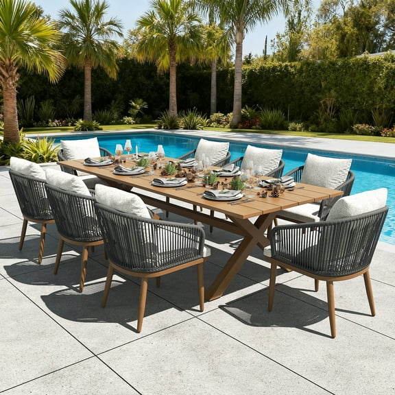 LayinSun 9 Pieces Outdoor Patio Dining Set, Aluminium Rectangular Dining Table and Wicker Rattan Chairs Set for Outside Backyard, Poolside