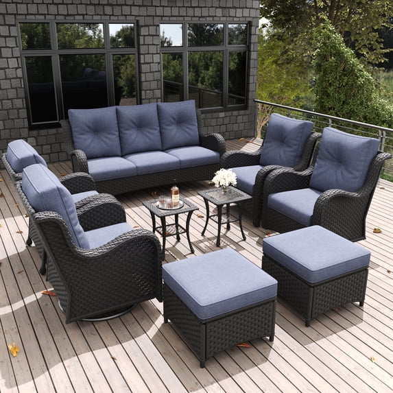 LayinSun 9 Pieces Outdoor Patio Furniture Set, Rattan Wicker Sectional Swivel Rocker Chairs Sets with Ottomans, Swivel Glider Chairs,Single Chairs and Coffee Table