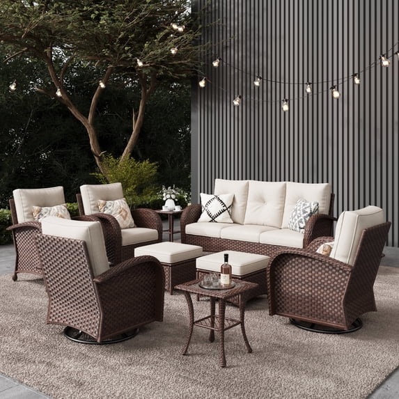 LayinSun 9 Pieces Outdoor Patio Furniture Set, Rattan Wicker Sectional Swivel Rocker Chairs Sets