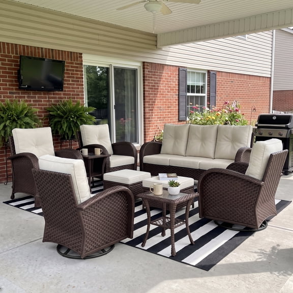 LayinSun 9 Pieces Outdoor Patio Furniture Set, Rattan Wicker Sectional Swivel Rocker Chairs Sets