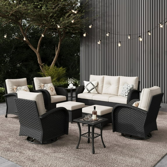 LayinSun 9 Pieces Outdoor Patio Furniture Set, Rattan Wicker Sectional Swivel Rocker Chairs Sets