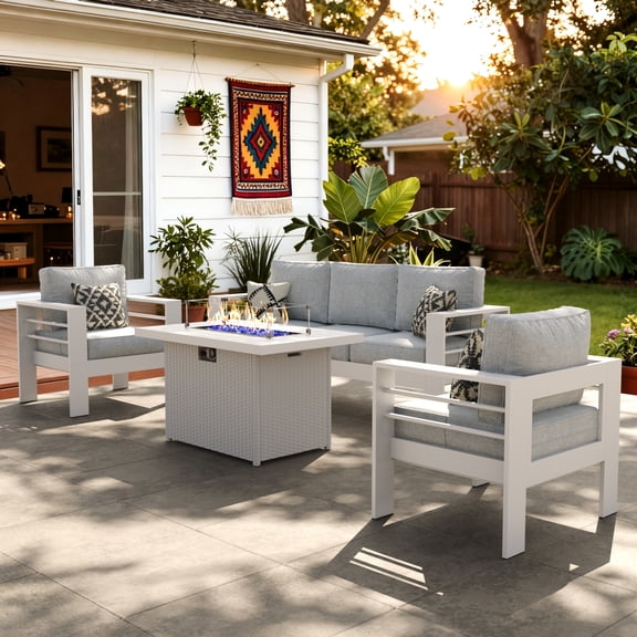 LayinSun Aluminum Furniture Set with Fire Pit Table, 4 Pieces Patio Sectional Conversation Chat Sofa Modern Seating Set