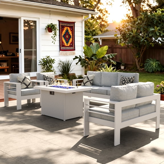 LayinSun Aluminum Furniture Set with Fire Pit Table, 5 Pieces Patio Sectional Conversation Chat Sofa Modern Seating Set