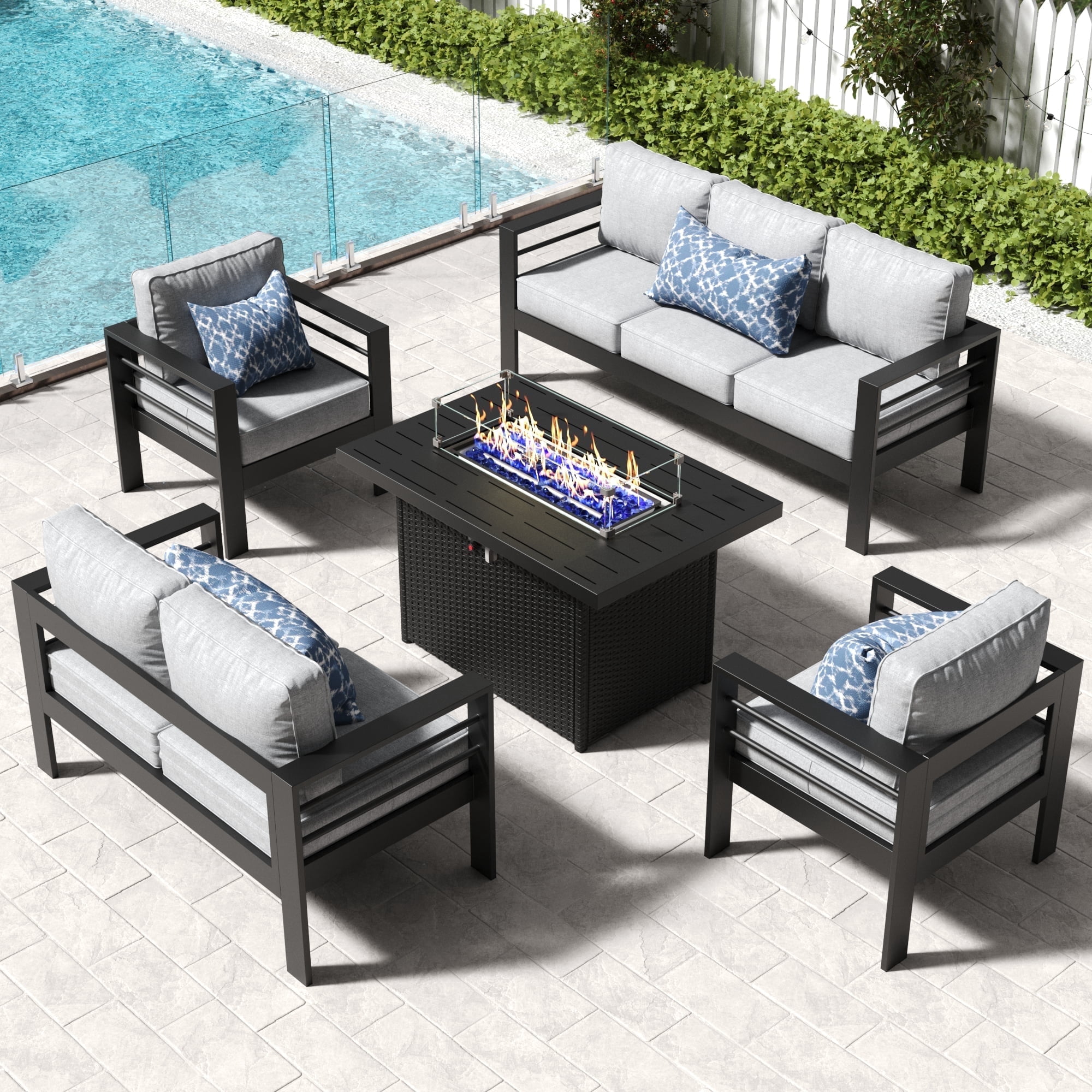 LayinSun 4-Piece Aluminum Outdoor Furniture Set With Fire Pit Table – Deep Seating Patio Set With Thick Washable Cushions, Rust-Proof & 400lb Capacity Per Seat