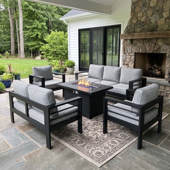 LayinSun Aluminum Furniture Set with Fire Pit Table, 5 Pieces Patio Sectional Conversation Chat Sofa Modern Seating Set