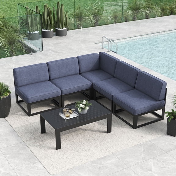 LayinSun Large Aluminum Patio Furniture Set, 6 Pieces Modern Outdoor Conversation Set Sectional Metal Sofa Set with Olefin Cushion
