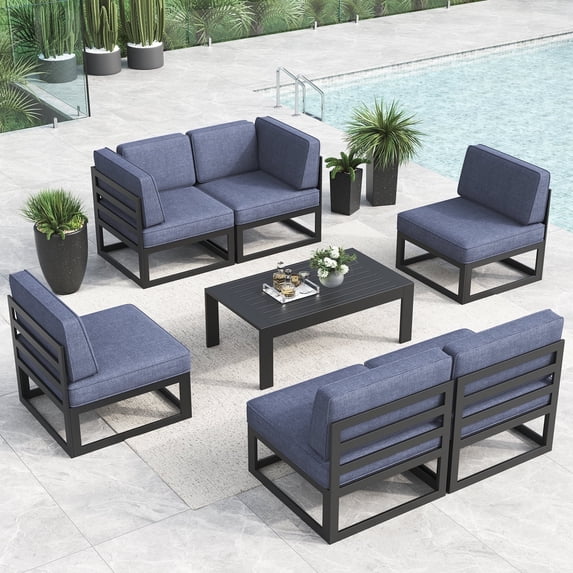 LayinSun Large Aluminum Patio Furniture Set, 7 Pieces Modern Outdoor Conversation Set Sectional Metal Sofa Set with Olefin Cushion