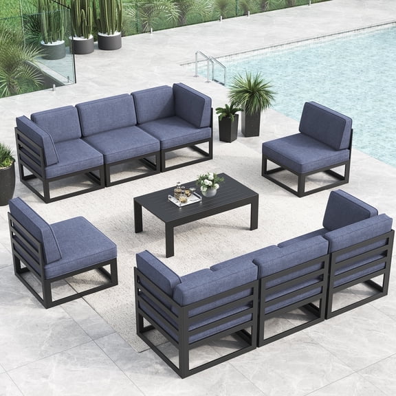 LayinSun Large Aluminum Patio Furniture Set, 9 Pieces Modern Outdoor Conversation Set Sectional Metal Sofa Set with Olefin Cushion