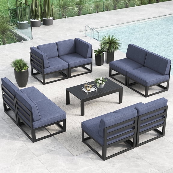 LayinSun Large Aluminum Patio Furniture Set, 9 Pieces Modern Outdoor Conversation Set Sectional Metal Sofa Set with Olefin Cushion