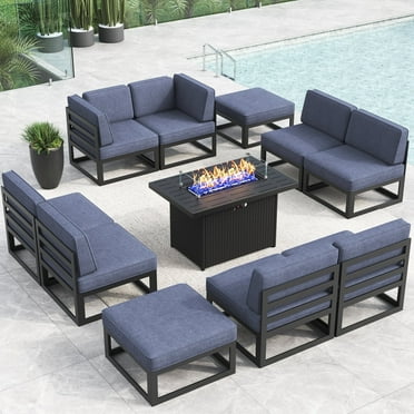LayinSun Large Aluminum Patio Furniture Set with Fire Pit Table, 11 Pieces Modern Outdoor Conversation Set Sectional Metal Sofa Set with Olefin Cushion