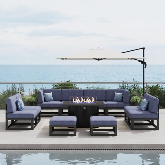 LayinSun Large Aluminum Patio Furniture Set with Fire Pit Table, 11 Pieces Modern Outdoor Conversation Set Sectional Metal Sofa Set with Olefin Cushion