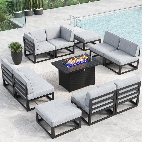 LayinSun Large Aluminum Patio Furniture Set with Fire Pit Table, 11 Pieces Modern Outdoor Conversation Set Sectional Metal Sofa Set with Olefin Cushion