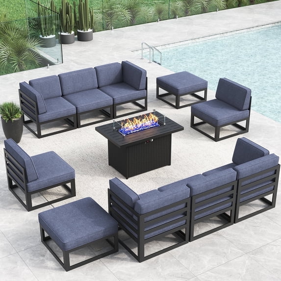 LayinSun Large Aluminum Patio Furniture Set with Fire Pit Table, 11 Pieces Modern Outdoor Conversation Set Sectional Metal Sofa Set with Olefin Cushion