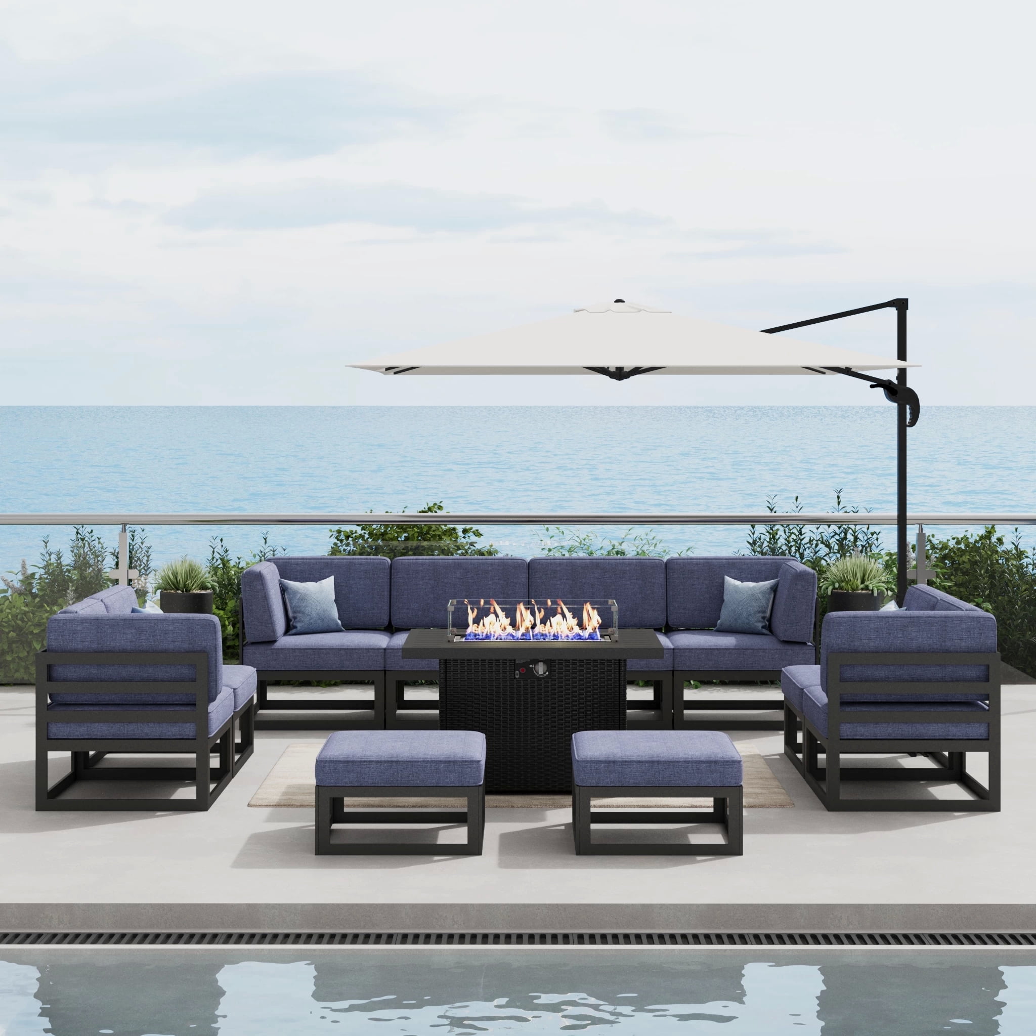 LayinSun Large Aluminum Patio Furniture Set with Fire Pit Table, 11 Pieces Modern Outdoor Conversation Set Sectional Metal Sofa Set with Olefin Cushion