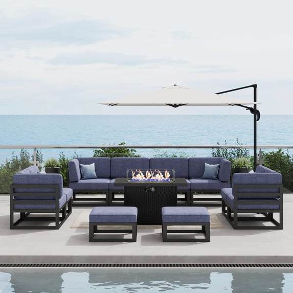 LayinSun Large Aluminum Patio Furniture Set with Fire Pit Table, 11 Pieces Modern Outdoor Conversation Set Sectional Metal Sofa Set with Olefin Cushion