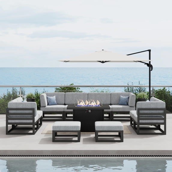 LayinSun Large Aluminum Patio Furniture Set with Fire Pit Table, 11 Pieces Modern Outdoor Conversation Set Sectional Metal Sofa Set with Olefin Cushion